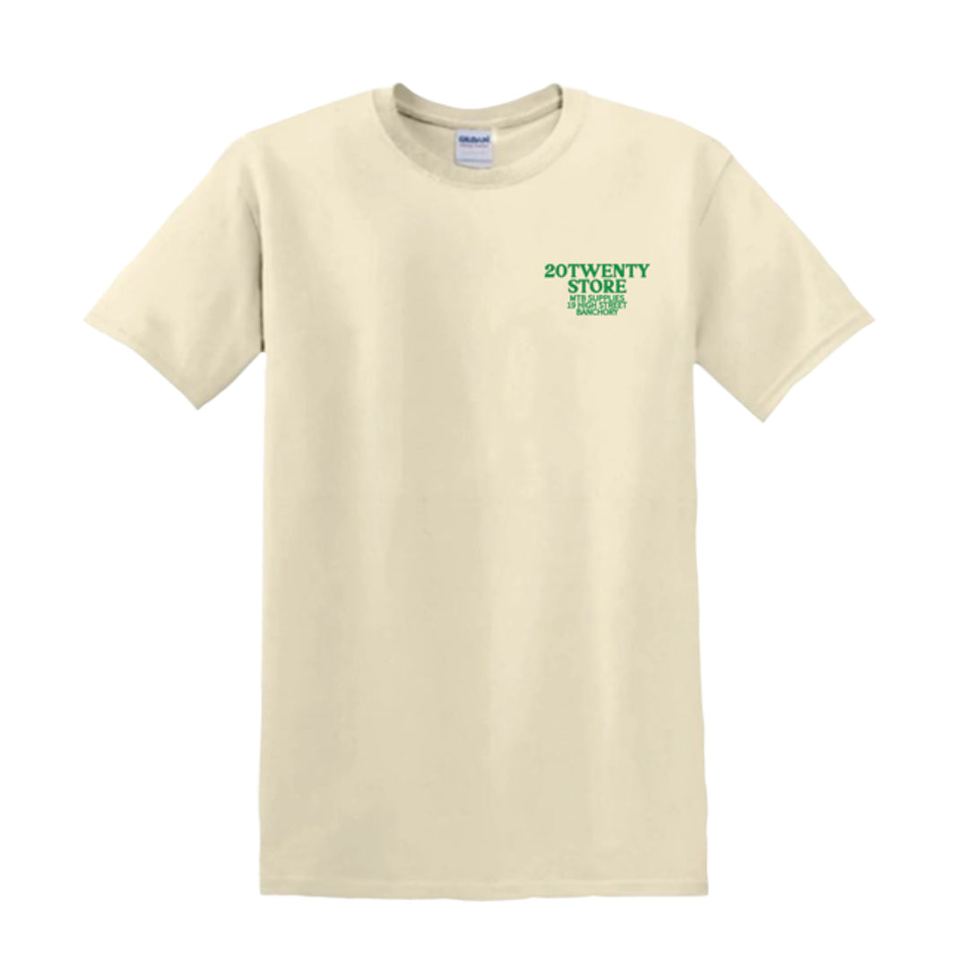 20Twenty MTB Supplies Banchory Shop Tee Shirt Natural/Green Front