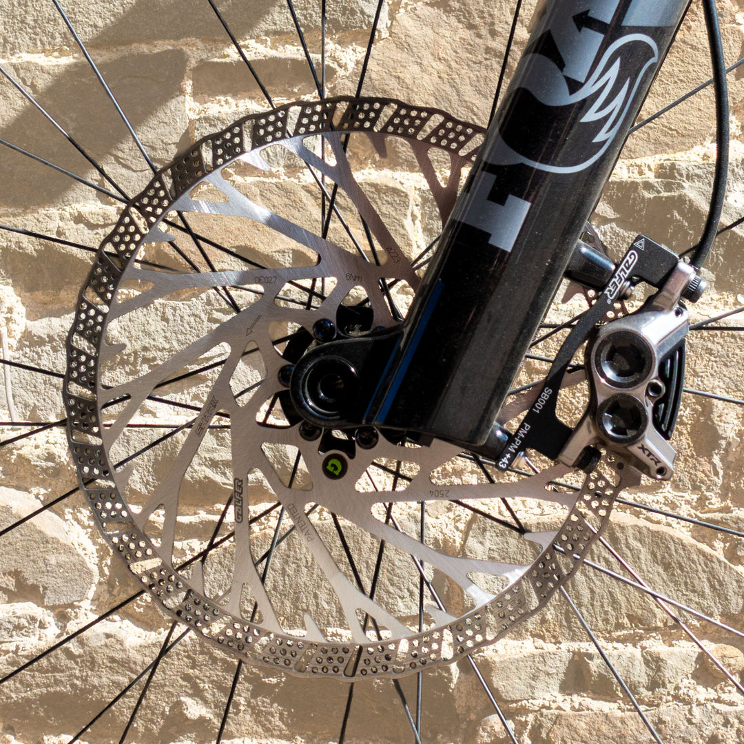 Galfer 223mm Shark Brake Disc and SB001 Mount with a Shimano XTR brake caliper on a Fox 38 fork