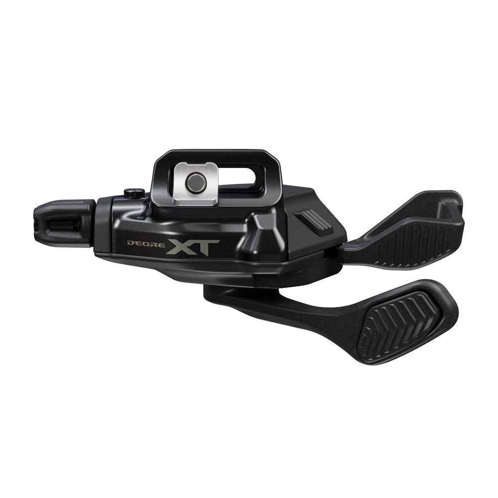 A black Shimano Deore XT 11 Speed Linkglide mountain bike gear shift lever with I-Spec EV clamp.