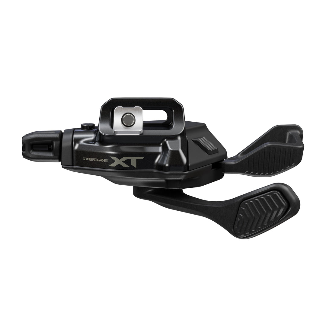 A black Shimano Deore XT 11 Speed Linkglide mountain bike gear shift lever with I-Spec EV clamp.