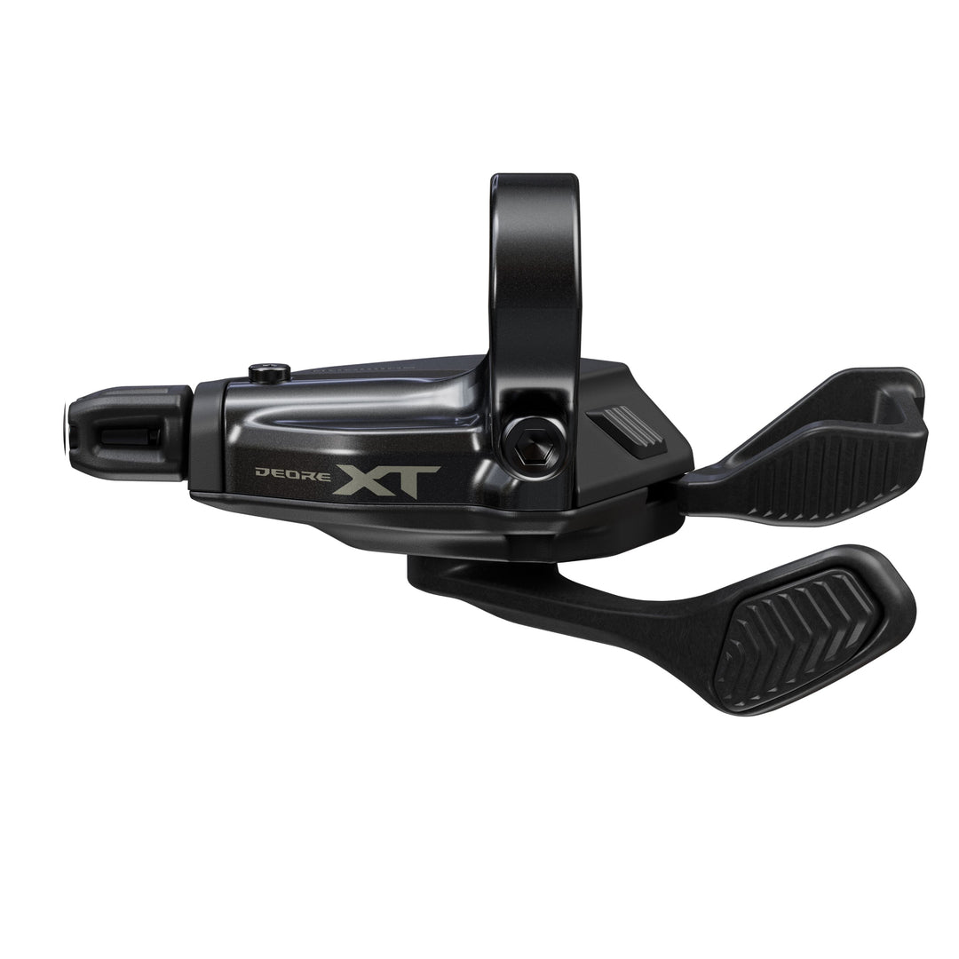 A black Shimano Deore XT 11 Speed Linkglide mountain bike gear shift lever with handlebar clamp.