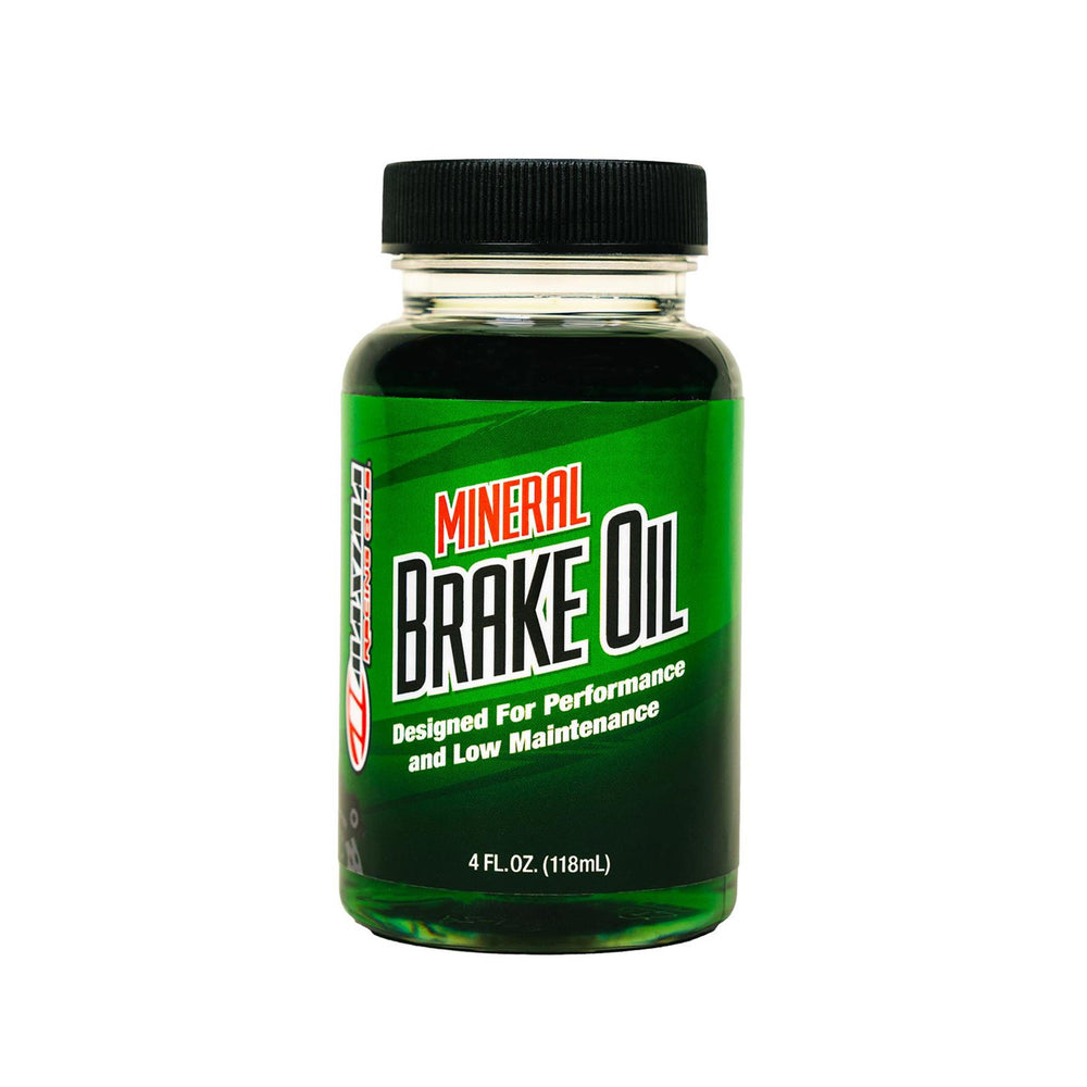 Green 118ml bottle of Maxima mineral brake oil with a black lid on a white background