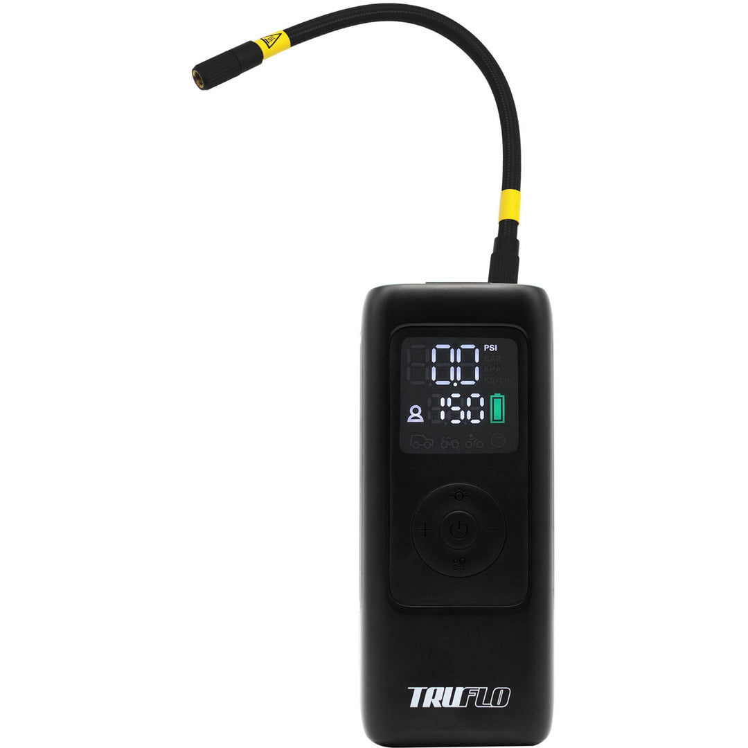 Black Truflo pump showing tyre pressure monitor with digital display on a white background