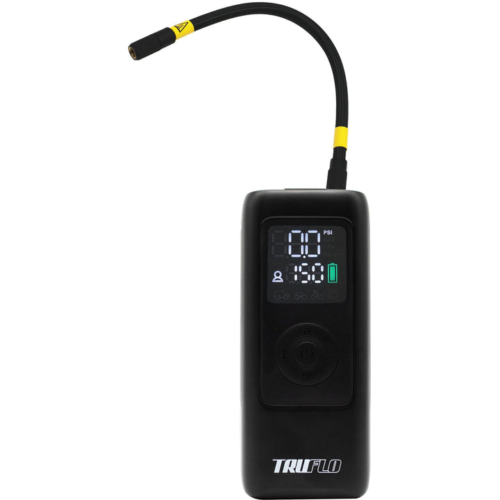 Black Truflo pump showing tyre pressure monitor with digital display on a white background