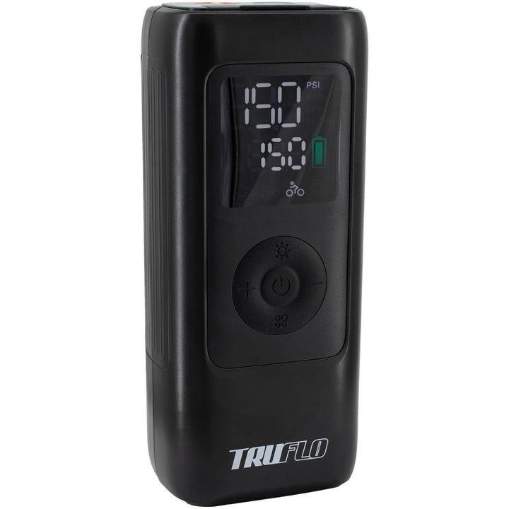 A black TruFlo Max portable electronic pump with a digital display showing PSI and battery levels, set against a plain white background.