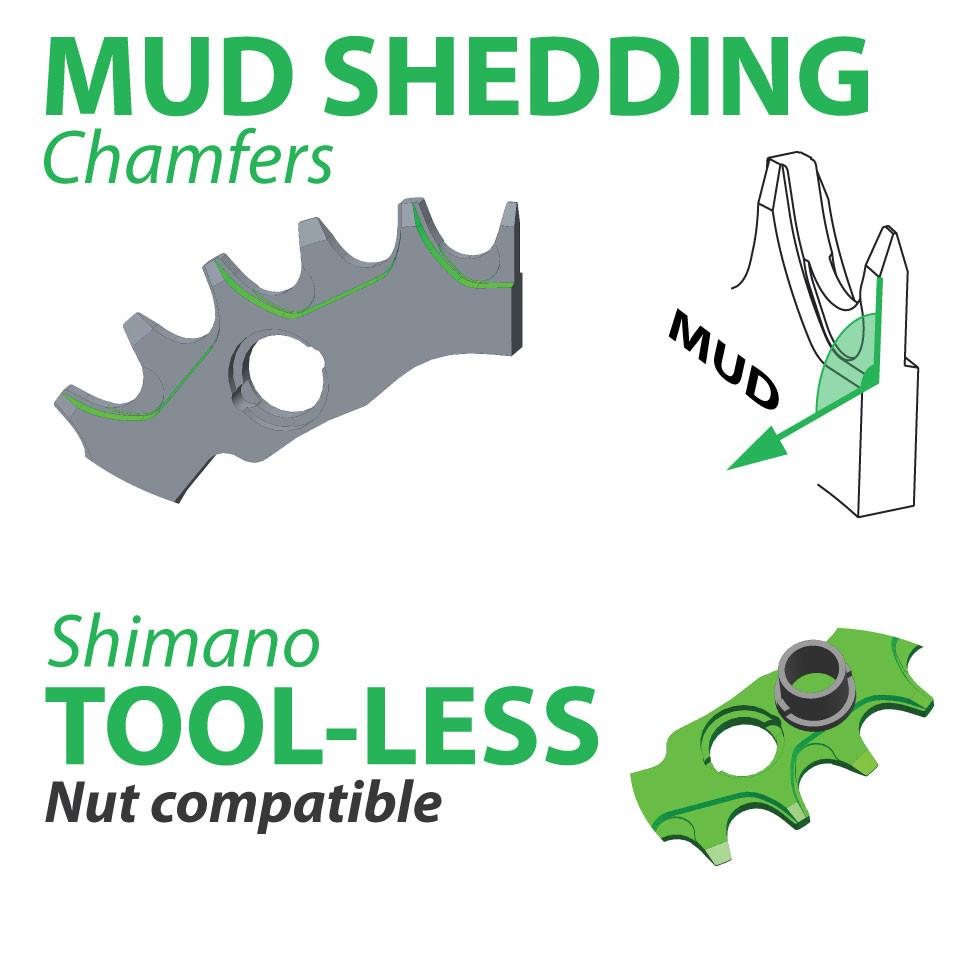 OneUp Components Nw Chainring Features Mud Shedding Shimano Tool Less Nut Chainrings Infographic